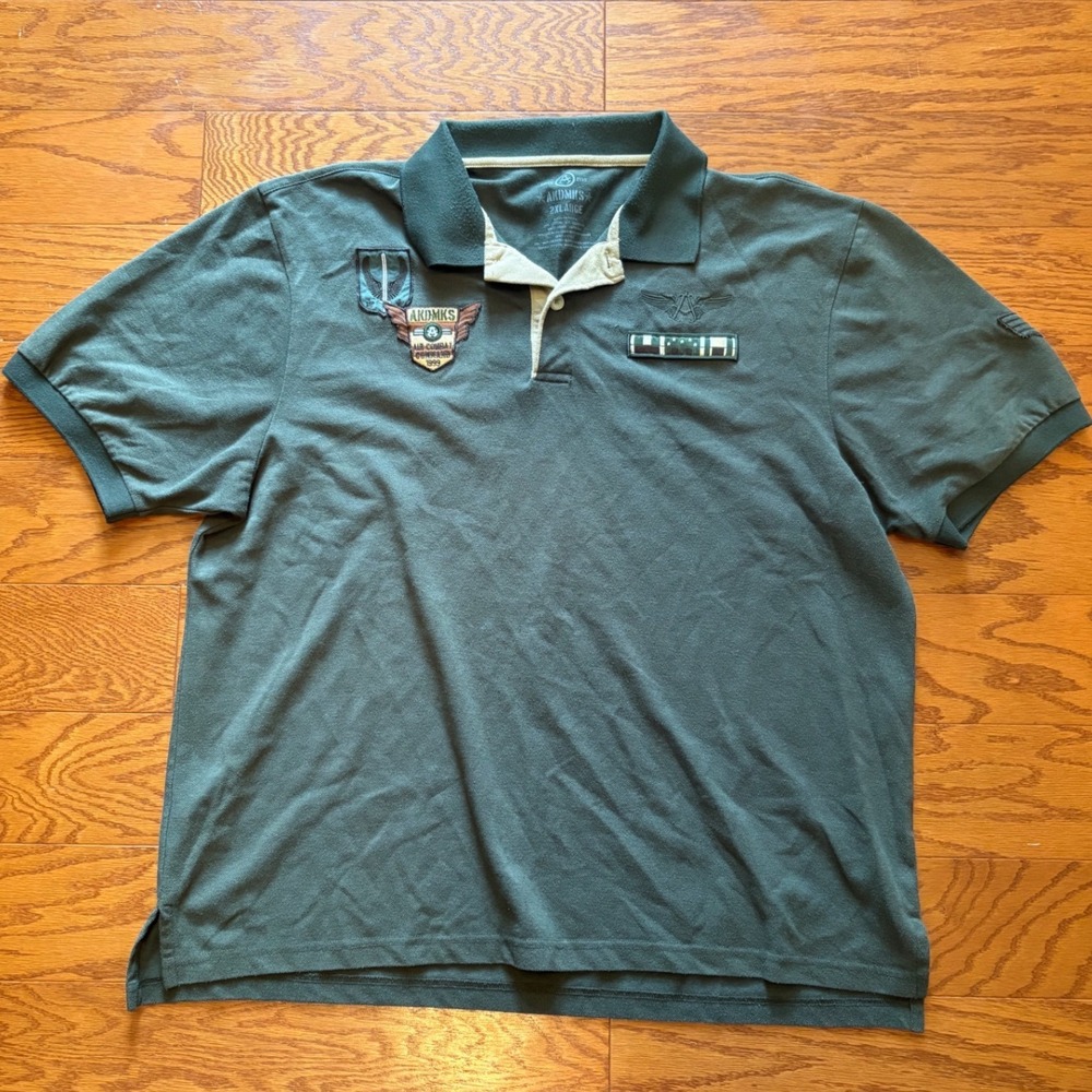 Akademiks Mens 2XL Olive Green Military Air Combat Command Patch Polo Shirt